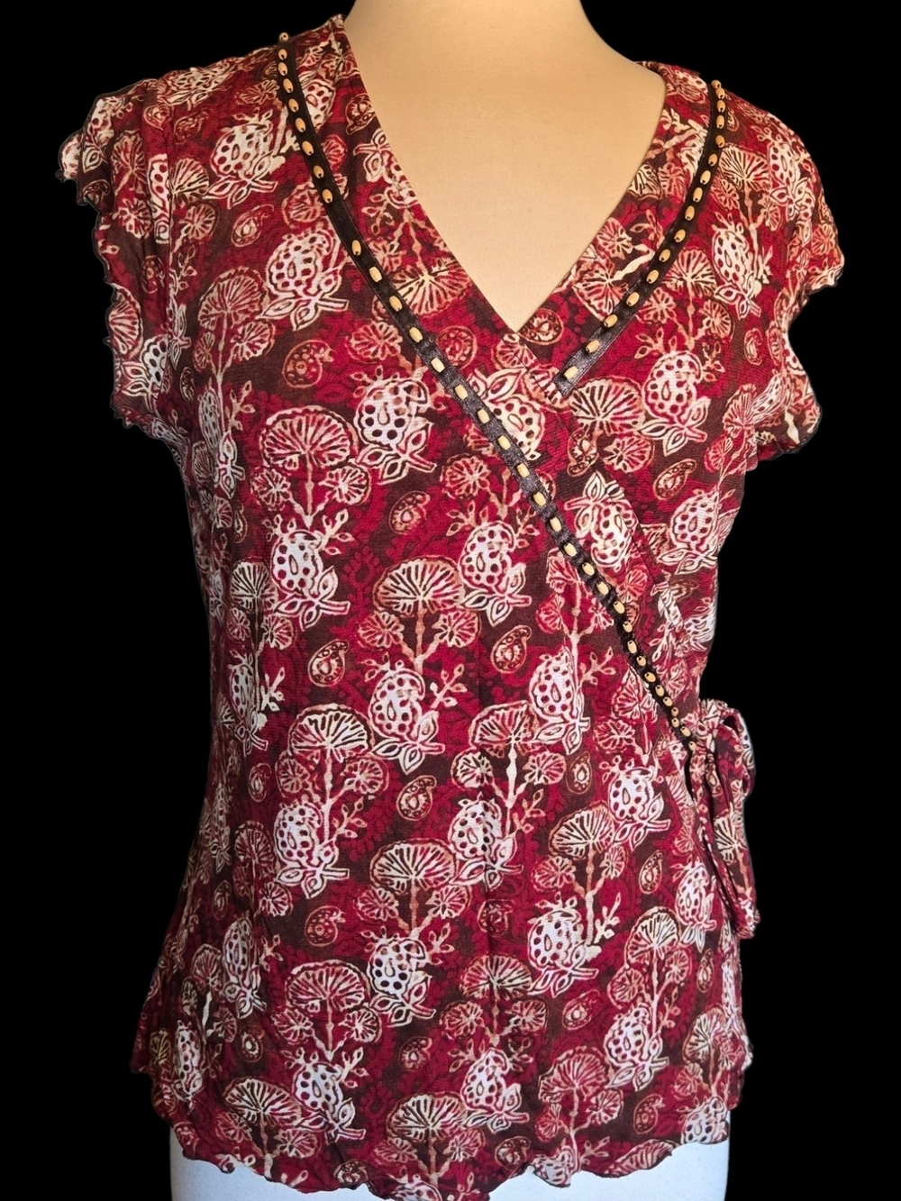 Style & Co. Burgundy Floral Wrap Blouse with Beaded Trim Sz L